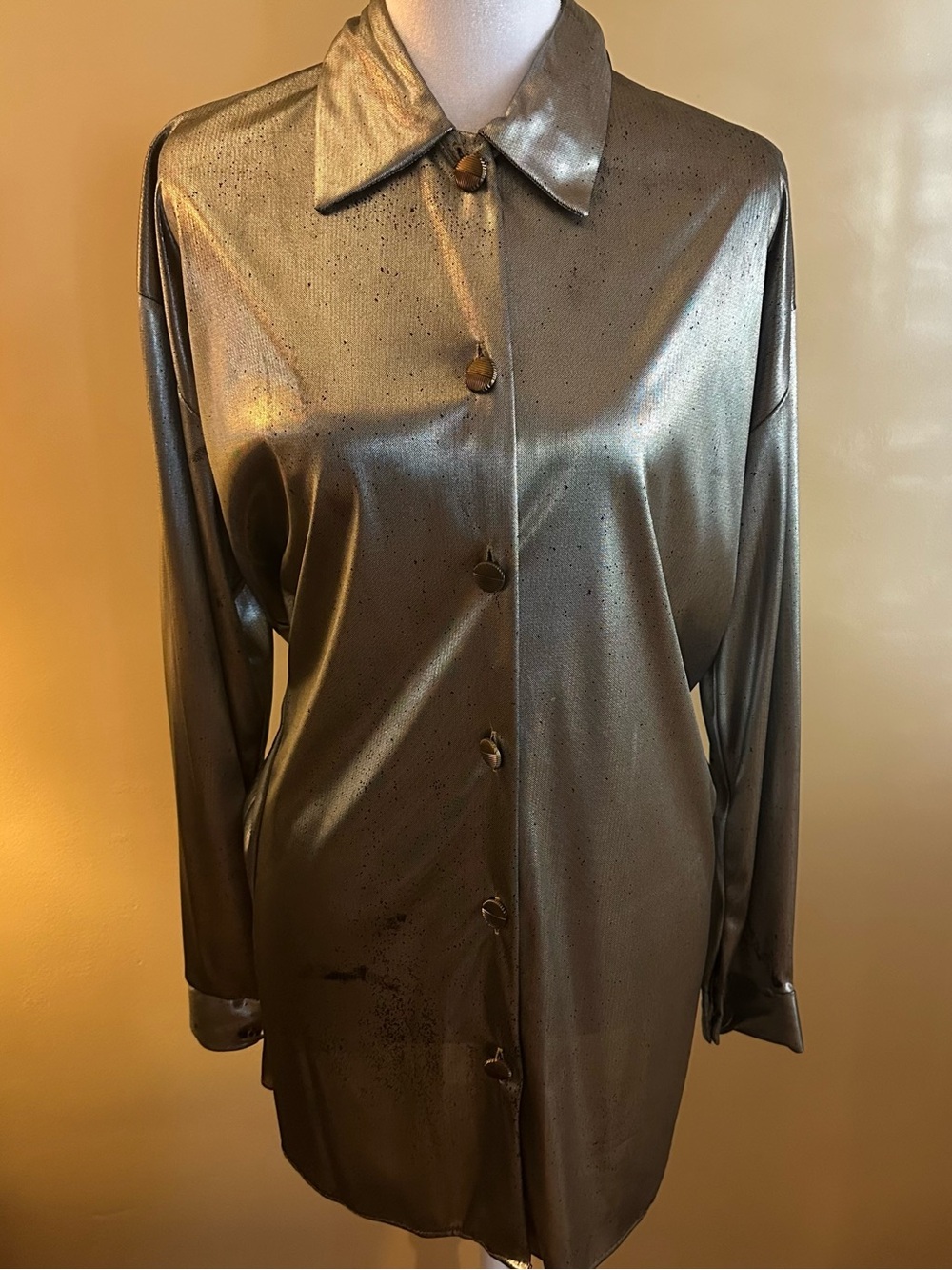 Metallic Bronze Long-Sleeve Button Front Women's Blouse